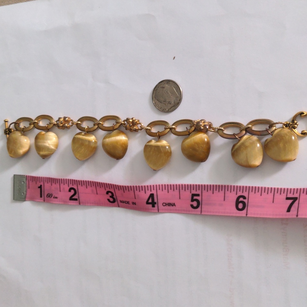 Gold Tiger Eye Heart Charm Gemstone Bracelet, Vintage, 7 1/4" Toggle Clasp, - Picture 4 of 7